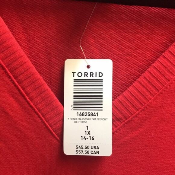 NWT Torrid FRENCH TERRY V-NECK RUFFLE SHOULDER SWEATSHIRT 1x Red NWT - Picture 7 of 10